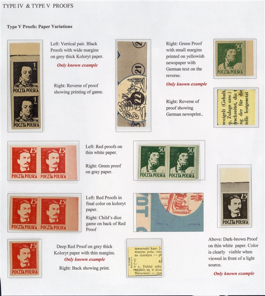 Proofs (341-343P) 1944 25gr red, imperforate horizontal pair, also single and pair printed on "KOLORYT" paper, 25gr dark brown proof on thin white paper, 50gr green, imperforate horizontal pair