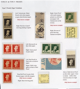 Proofs (341-343P) 1944 25gr red, imperforate horizontal pair, also single and pair printed on "KOLORYT" paper, 25gr dark brown proof on thin white paper, 50gr green, imperforate horizontal pair