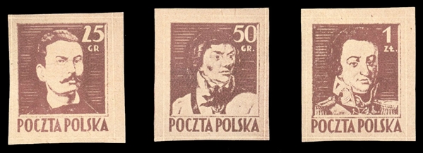 Proofs (341-343P) 1944 25gr, 50gr and 1zl lilac brown, imperforate (Siatkowe, Type II) line-proofs, v.f., rare, signed Korszen, with his 2008 certificate