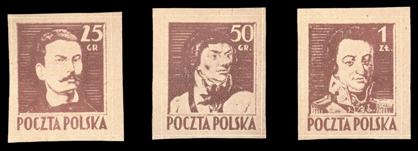 Proofs (341-343P) 1944 25gr, 50gr and 1zl lilac brown, imperforate (Siatkowe, Type II) line-proofs, v.f., rare, signed Korszen, with his 2008 certificate