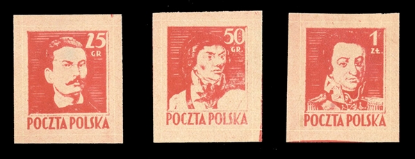 Proofs (341-343P) 1944 25gr, 50gr and 1zl red, imperforate (Siatkowe) line-proofs in red, 1zl with a small marginal tear at top, still v.f., signed Laszkiewicz, with Ceremuga certificate