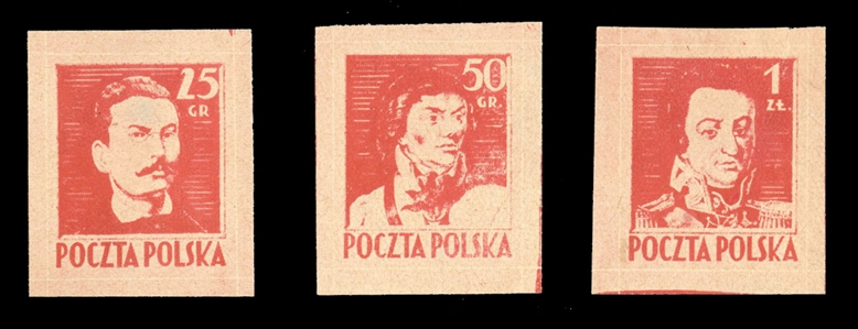 Proofs (341-343P) 1944 25gr, 50gr and 1zl red, imperforate (Siatkowe) line-proofs in red, 1zl with a small marginal tear at top, still v.f., signed Laszkiewicz, with Ceremuga certificate