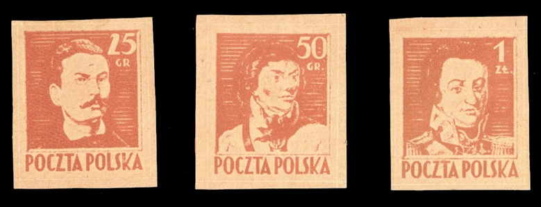 Proofs (341-343P) 1944 25gr, 50gr and 1zl red, imperforate (Siatkowe) line-proofs in orange brown, v.f., signed Korszen, with his 2007 certificate