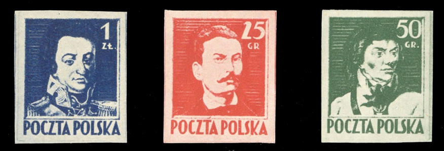 Proofs (341-343P) 1944 25gr, 50gr and 1zl red, imperforate proofs in issued colors, v.f., signed Laszkiewicz, Dr.Kronenberg, rare