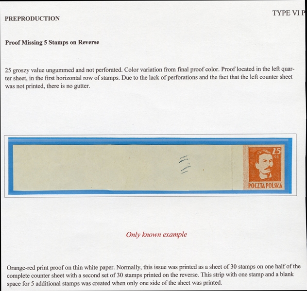 Proofs (341P) 1944 25gr red orange, imperforate left sheet margin Type VI proof with blank space for additional five stamps (gutter or "na zawiasach"), folded twice in margin, v.f., signed Schmutz