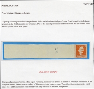 Proofs (341P) 1944 25gr red orange, imperforate left sheet margin Type VI proof with blank space for additional five stamps (gutter or "na zawiasach"), folded twice in margin, v.f., signed Schmutz