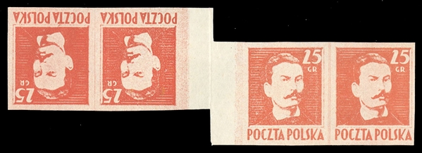 Proofs (341P) 1944 25gr red orange, imperforate horizontal gutter Tete Beche strip of four, Proof type VI, right stamp shows comma above "T" in "Poczta", folded between stamps, v.f.
