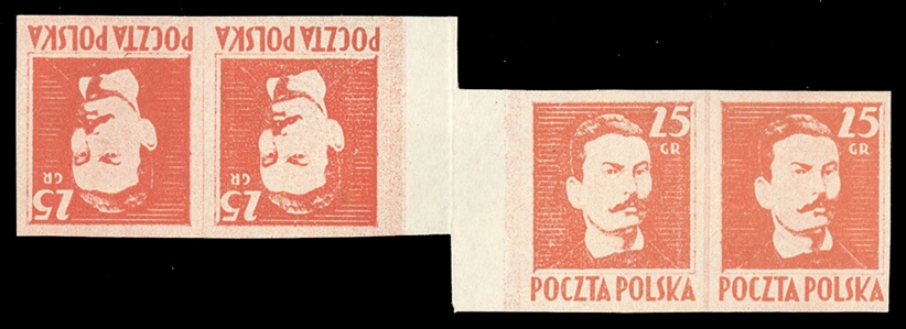 Proofs (341P) 1944 25gr red orange, imperforate horizontal gutter Tete Beche strip of four, Proof type VI, right stamp shows comma above "T" in "Poczta", folded between stamps, v.f.