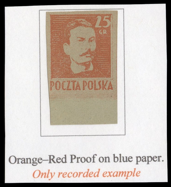 Proofs (341P) 1944 25gr orange red, imperforate proof on gray blue paper, bottom sheet margin example, adhered on piece of exhibit page, signed Dr.Kronenberg, stated to be the only recorded example