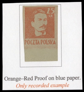 Proofs (341P) 1944 25gr orange red, imperforate proof on gray blue paper, bottom sheet margin example, adhered on piece of exhibit page, signed Dr.Kronenberg, stated to be the only recorded example