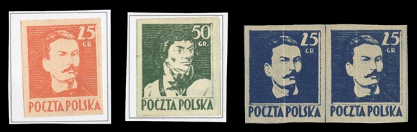 Proofs (341,342P) 1944 25gr red, 50gr green, Type VI imperf. proofs on thin satin paper, each adhered on part of exhibit page, v.f., signed Schmutz. Also included imperforate pair of 25gr dark blue