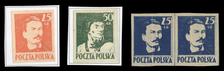 Proofs (341,342P) 1944 25gr red, 50gr green, Type VI imperf. proofs on thin satin paper, each adhered on part of exhibit page, v.f., signed Schmutz. Also included imperforate pair of 25gr dark blue