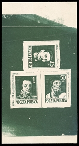 Proof sheetlets of three (341-343P) 1944 Type I (Kreskowe), Lithographed color proofs, composite sheetlet in green, printed on white Victoria (wood-free) paper, v.f., signed Schmutz, Petriuk