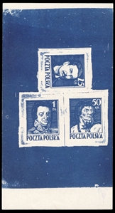 Proof sheetlets of three (341-343P) 1944 Type I (Kreskowe), Lithographed color proofs, composite sheetlet in blue, printed on white Victoria (wood-free) paper, v.f., signed Schmutz, Petriuk