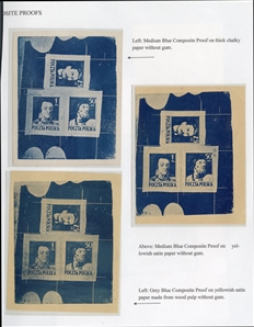 Proof sheetlets of three  (341-343P) 1944 Type II (Siatkowe), three different composite sheetlets in dark or light blue, printed on yellowish satin or thick chalky paper (made from wood pulp)