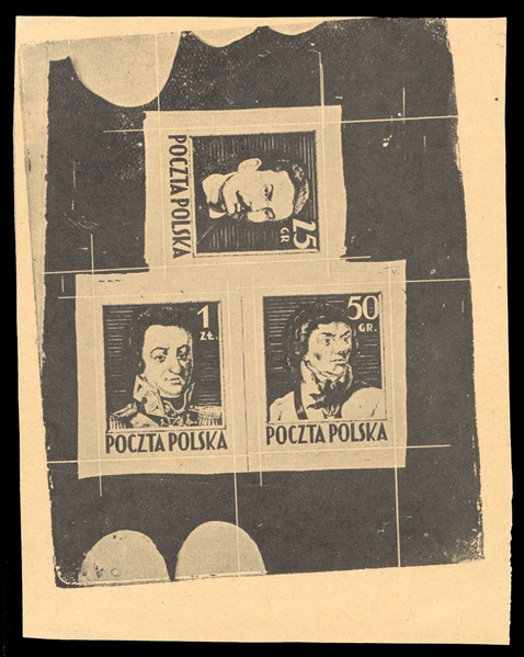 Proof sheetlets of three (341-343P) 1944 Type II (Siatkowe), composite sheetlet in black, printed on yellowish satin paper (made from wood pulp), v.f., signed Piekarz, Mikulski, also Korszen