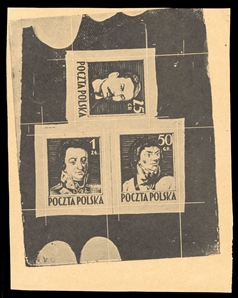 Proof sheetlets of three (341-343P) 1944 Type II (Siatkowe), composite sheetlet in black, printed on yellowish satin paper (made from wood pulp), v.f., signed Piekarz, Mikulski, also Korszen