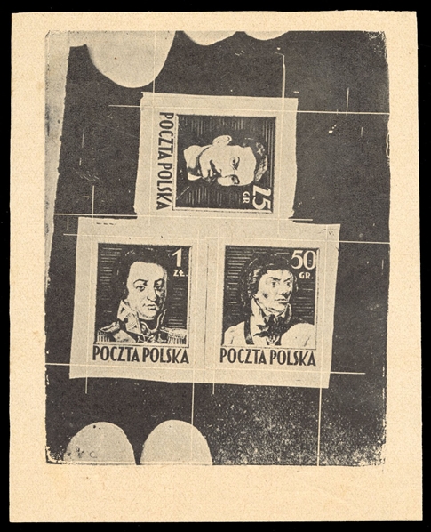 Proof sheetlets of three  (341-343P) 1944 Type II (Siatkowe), composite sheetlet in black, printed on yellowish satin paper (made from wood pulp), v.f., signed Laszkiewicz, Petriuk, Schmutz