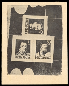 Proof sheetlets of three  (341-343P) 1944 Type II (Siatkowe), composite sheetlet in black, printed on yellowish satin paper (made from wood pulp), v.f., signed Laszkiewicz, Petriuk, Schmutz