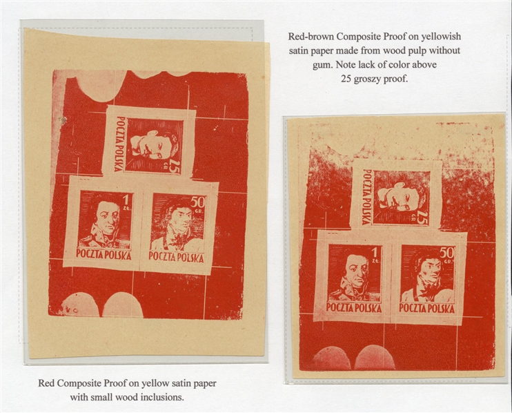 POLAND Proof sheetlets of three (341-343P) 1944 Type II (Siatkowe), two composite sheetlets in red, different shades, each  printed on yellowish satin paper (made from wood pulp), one with...