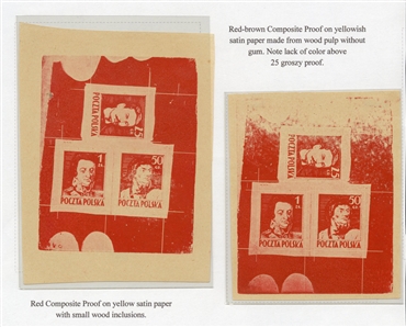 POLAND Proof sheetlets of three (341-343P) 1944 Type II (Siatkowe), two composite sheetlets in red, different shades, each  printed on yellowish satin paper (made from wood pulp), one with...
