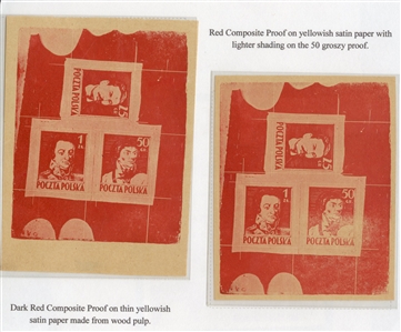 Proof sheetlets of three (341-343P) 1944 Type II (Siatkowe), two composite sheetlets in red, different shades, each printed on yellowish satin paper (made from wood pulp), v.f., signed, etc.