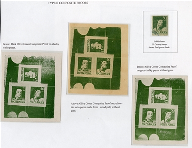 Proof sheetlets of three (341-343P) 1944 Type II (Siatkowe), three composite sheetlets in green, different shades, each printed on yellowish satin or thick chalky paper (made from wood pulp), v.f.