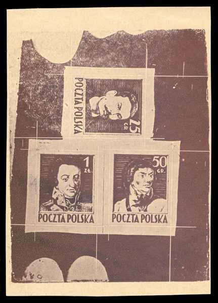 Proof sheetlets of three (341-343P) 1944 Type II (Siatkowe), composite sheetlet in lilac brown (Venetian Red), printed on yellowish satin paper (made from wood pulp), v.f., signed Piekarz