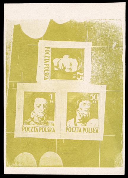 Proof sheetlets of three (341-343P) 1944 Type II (Siatkowe), composite sheetlet in yellow green, printed on gray chalky paper (made from wood pulp), v.f., signed Piekarz, with 2009 Korszen certificate