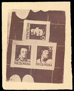Proof sheetlets of three (341-343P) 1944 Type II (Siatkowe), composite sheetlet in lilac brown (Venetian Red), printed on yellowish satin paper (made from wood pulp), v.f., signed Schmutz