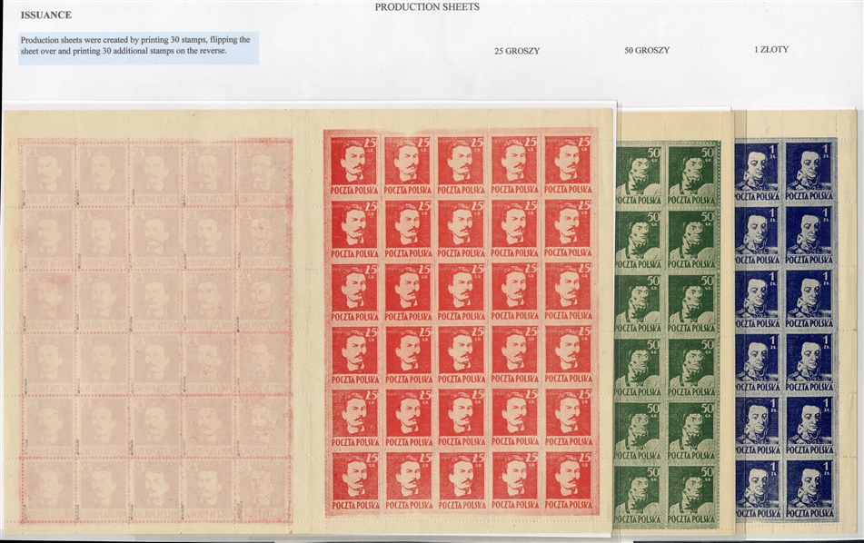 Issued Stamps (341-343) 1944 25gr, 50gr and 1zl, set of three horizontal gutter Tete-Beche sheets of 60, unused without gum as issued, folded between stamps, 25gr with  perfs shifted to bottom