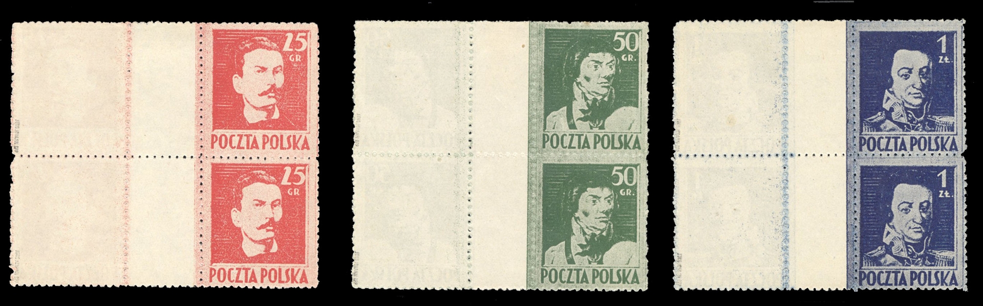 Issued Stamps (341-343) 1944 25gr, 50gr and 1zl complete set of three horizontal gutter tete-beche blocks of four, one printed on reverse, unused without gum as issued, v.f., signed Jungjohann