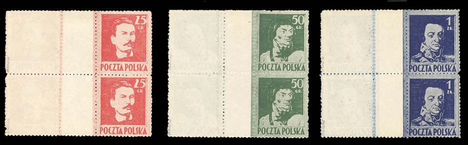 Issued Stamps (341-343) 1944 25gr, 50gr and 1zl complete set of three horizontal gutter tete-beche blocks of four, one printed on reverse, unused without gum as issued, v.f., signed Jungjohann