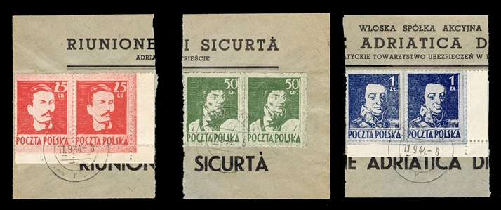 Issued Stamps (341-343) 1944 25gr, 50gr and 1zl, horizontal sheet corner margin horizontal pairs, each canceled by Lublin 11.9.44 cds on piece of Italian Adriatica stationery, fine-v.f., unusual