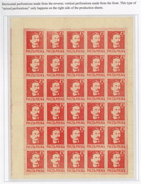 Issued Stamps (341) 1944 25gr red, pane of 30, with margins all around, horizontal perforations made from reverse, vertical perforations from the front, unused without gum as issued, n.h., v.f.