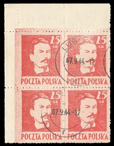 Issued Stamps (341) 1944 25gr bright red, upper left sheet corner margin block of four, canceled LUBLIN 07.9.44 - 12 (First Day of Issue), v.f., signed Schmutz