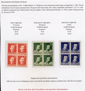 Issued Stamps (341-343) 1944 25gr, 50gr and 1zl complete set of three blocks of four, each with a matching red cancel (it appears that these blocks originated from the same cover), fine-v.f., scarce