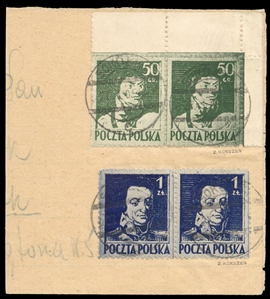 Issued Stamps (342-343) 1944 50gr and 1zl, horizontal pairs, tied by Sokolnik cds on large piece, fine-v.f., signed Korszen