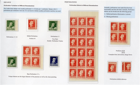 Errors & Varieties (341-343var) 1944 25gr red (43), 50gr (8), 1zl (14), selection on exhibit pages, showing various shades, perforation shifts, all three values Perf. 11