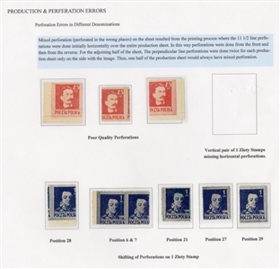 Errors & Varieties (341-343var) 1944 25gr red (43), 50gr (8), 1zl (14), selection on exhibit pages, showing various shades, perforation shifts, all three values Perf. 11