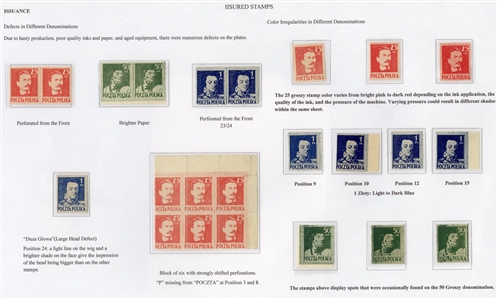 Errors & Varieties (341-343var) 1944 25gr red (43), 50gr (8), 1zl (14), selection on exhibit pages, showing various shades, perforation shifts, all three values Perf. 11
