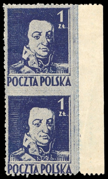 Errors & Varieties (343var) 1944 1zl dark blue, vertical sheet margin pair imperf. between, fine and scarce, signed Korszen, Petriuk (Fi.341MK,2,800zl)