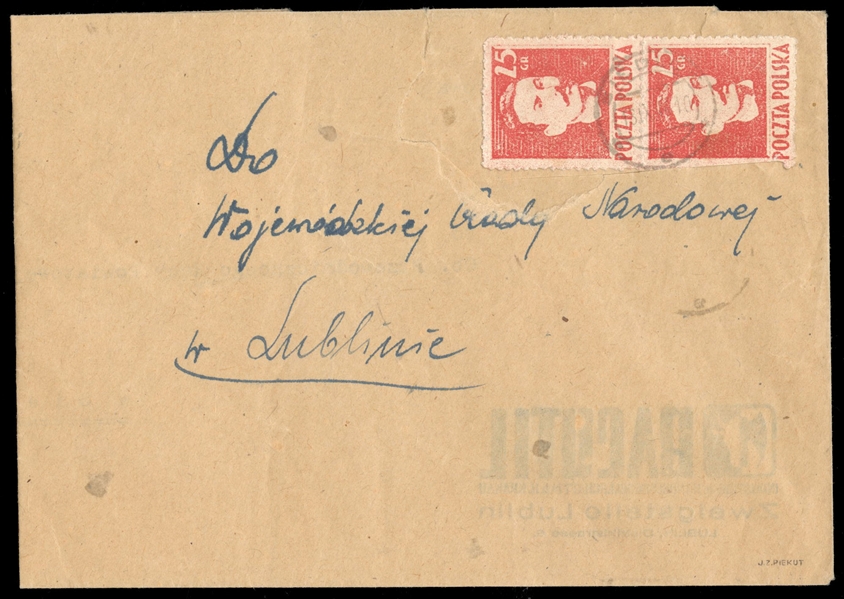 Used on cover (341) 1944 (18 Sep) large cover (folded at left) addressed to National State Directorate in Lublin, franked with vertical pair of 25gr red (bottom stamp defective)