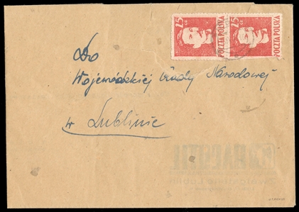 Used on cover (341) 1944 (18 Sep) large cover (folded at left) addressed to National State Directorate in Lublin, franked with vertical pair of 25gr red (bottom stamp defective)