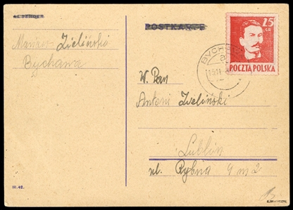Used on cover (341) 1944 (15 Nov) card (obsolete Generalgouvernement stationery) to Lublin, franked with single 25gr red, tied by Bychawa departure pmk, fine and rare single franking card