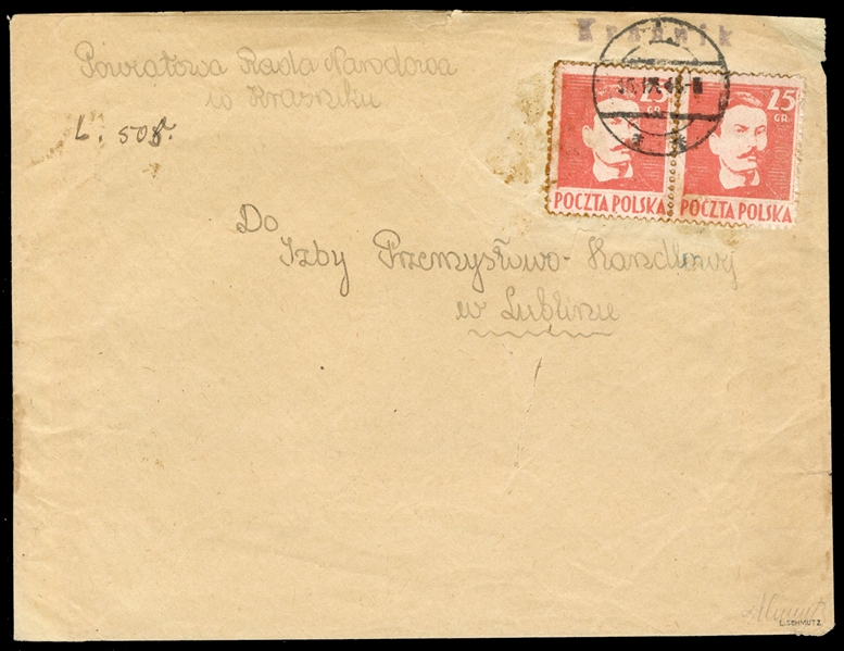 Used on cover (341) 1944 (15 Sep) large, home-made cover to Lublin, franked with horizontal pair of 25gr red, tied by modified German pmk with name of town removed