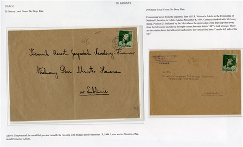 Used on cover (342) 1944 (15 Sep) large cover used in Lublin, addressed to the Finance Minister, also another cover (8 Nov) to the National Liberation Committee, each franked with 50gr Kosciuszko