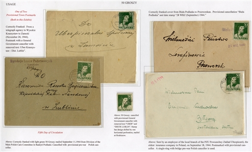 Used on cover (342) 1944 four covers showing various provisional markings, each franked with single 50gr Kosciuszko, with usages from Wysokie Krasnystaw, Lublin, Biala Podlaska, etc.