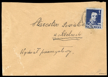 Used on cover (343) 1945 (25 Jan) cover from Lublin (?) to Kielce, franked with 1zl dark blue, paying correct double rate, with Polish Military Censor No.1785 hs on back, signed Krawczyk (Fi.12,000zl)