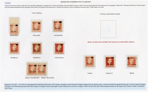 Surcharges (362) 1945 5zl on 25gr Traugutt, selection of 14 unused singles, sheet margin pane of 10, printed on German stationery, also a used sheet margin pair, plus single used on locally